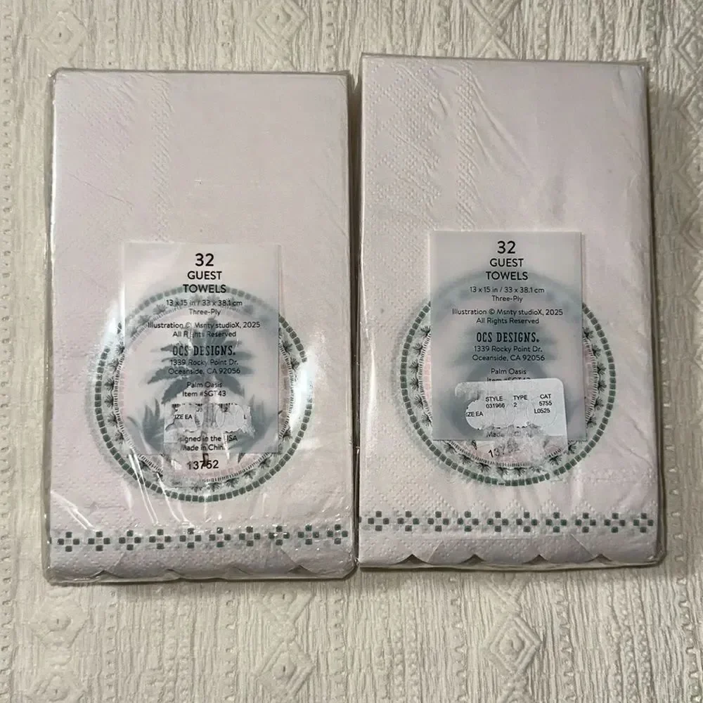 OCS 32 x 2pk Palm Oasis Guest Paper Towel Napkins Blush Pink Green Scalloped